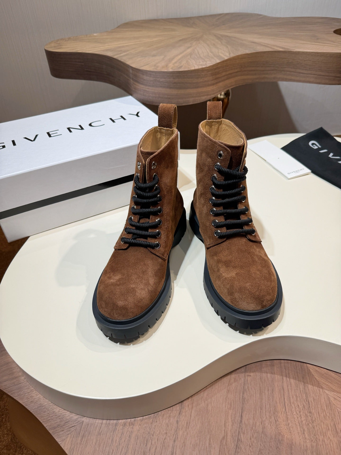 Pair of Givenchy brown suede lace-up boots with black lug soles