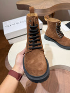 Givenchy brown suede lace-up boot with black laces and rounded toe