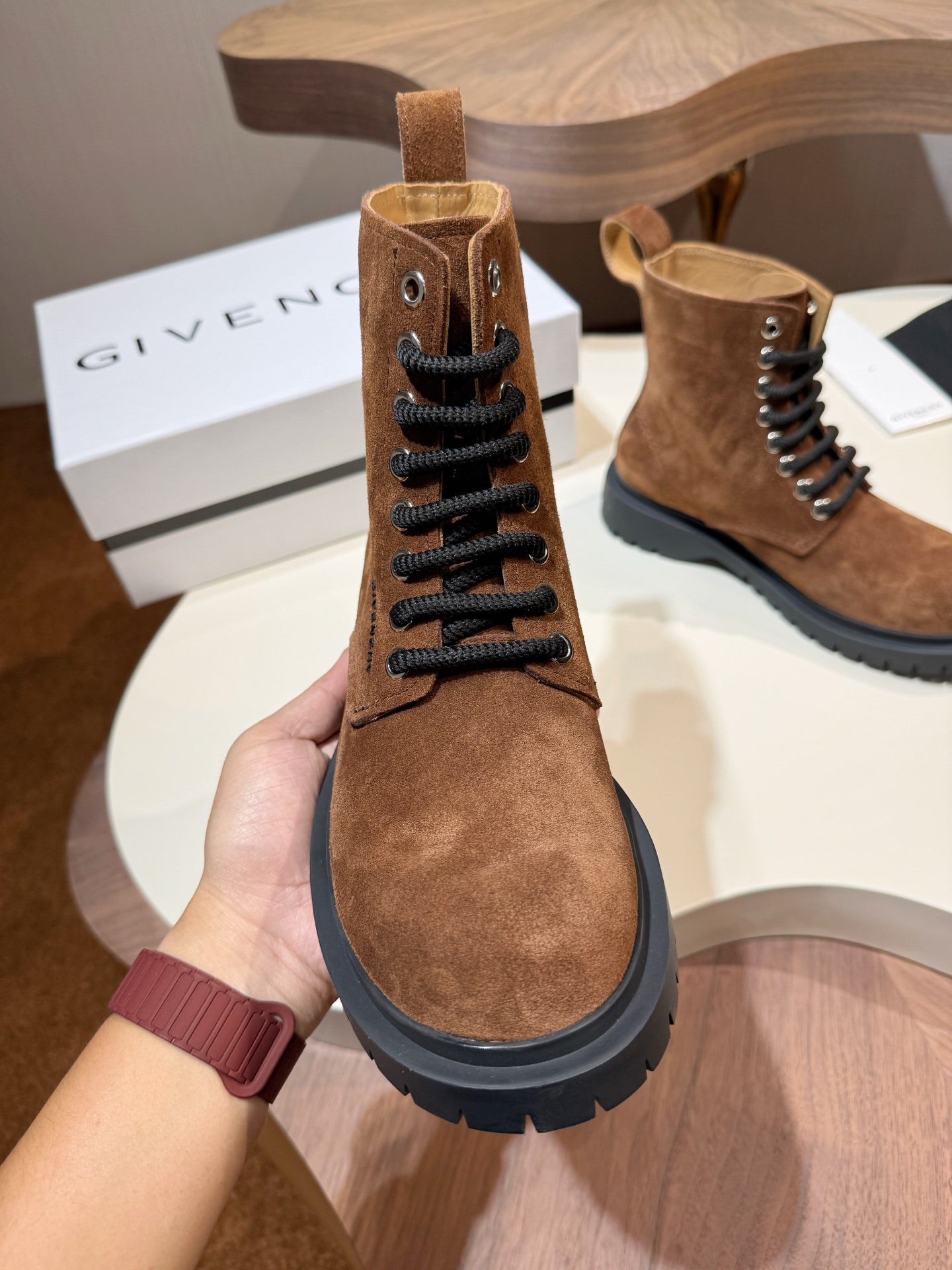Givenchy brown suede lace-up boot with black laces and rounded toe