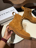 Givenchy tan suede lace-up boots with lug sole and pull tab