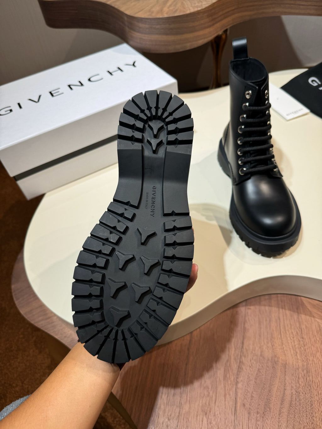 Givenchy black lace-up boots, outsole tread and heel detail