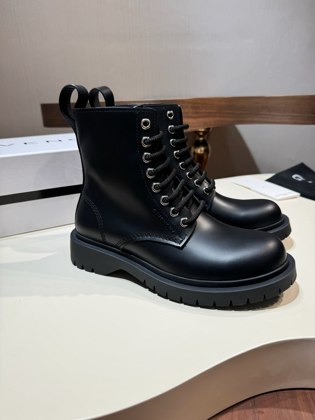 Givenchy black ankle boots, lace-up front and metal eyelets