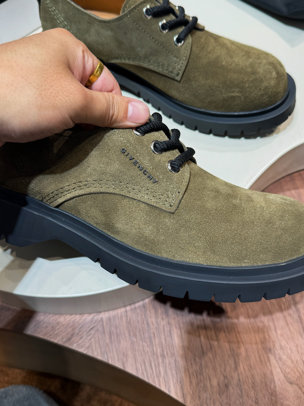 Givenchy olive suede lace-up shoes with side logo panel and black sole