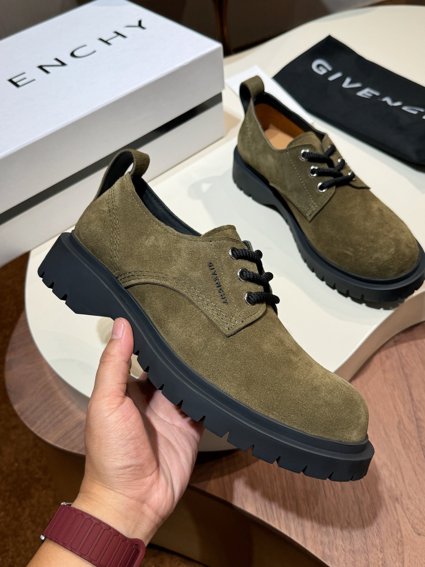 Givenchy olive suede lace-up shoes with black chunky lug sole