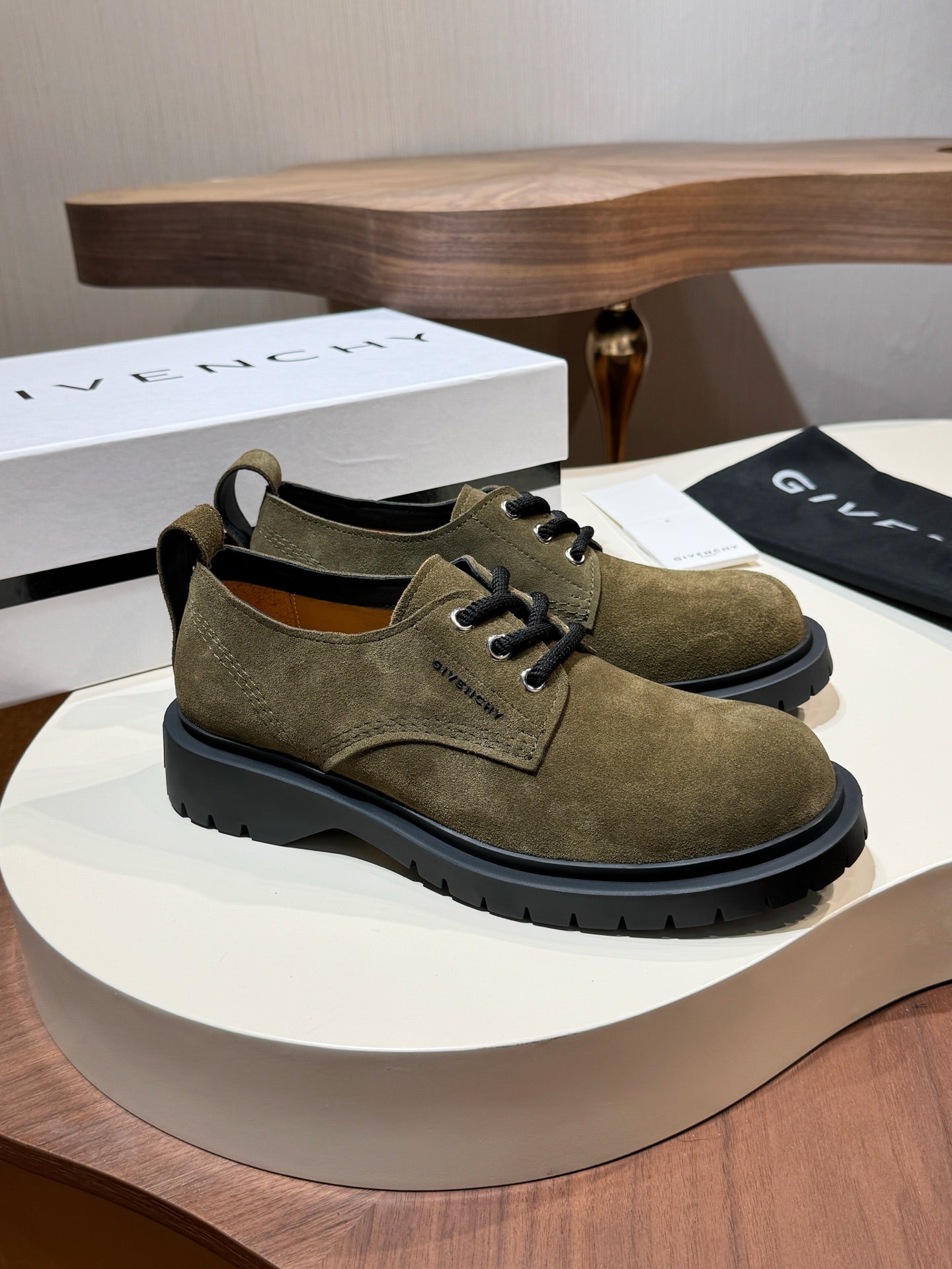 Givenchy olive suede lace-up shoes with black laces and platform sole