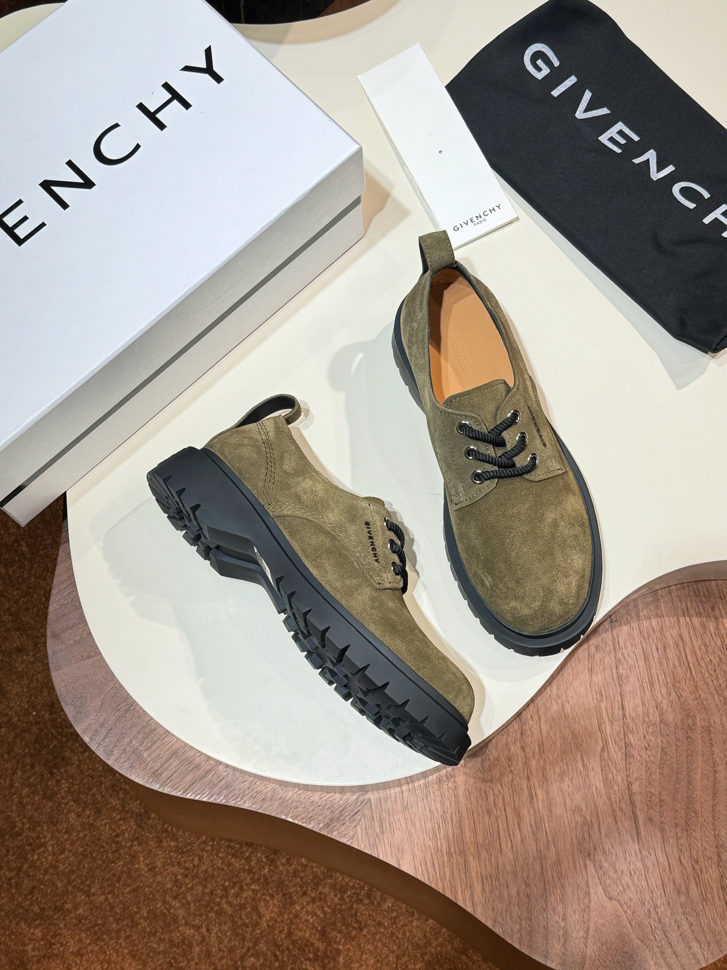Givenchy olive suede lace-up shoes pair, black rubber sole