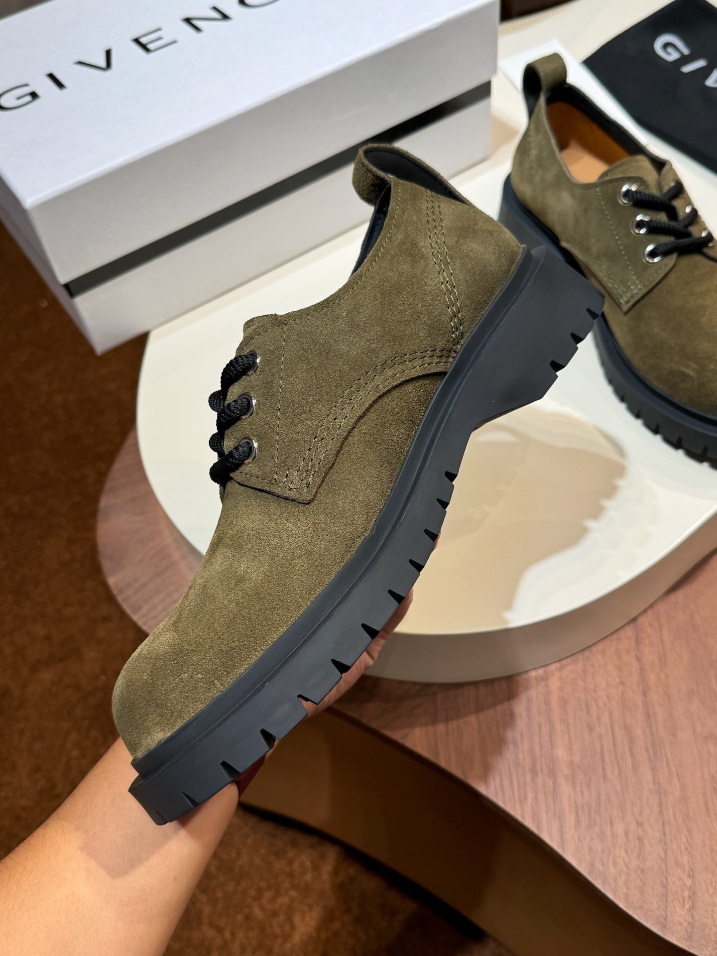 Givenchy olive suede lace-up shoes with black laces and rugged sole