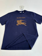 Dark blue short-sleeve T-shirt with Burberry text and gold horse graphic