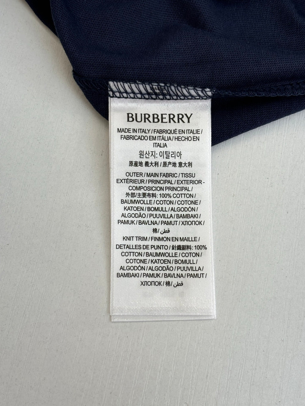 Interior neck label on dark blue Burberry short-sleeve T-shirt