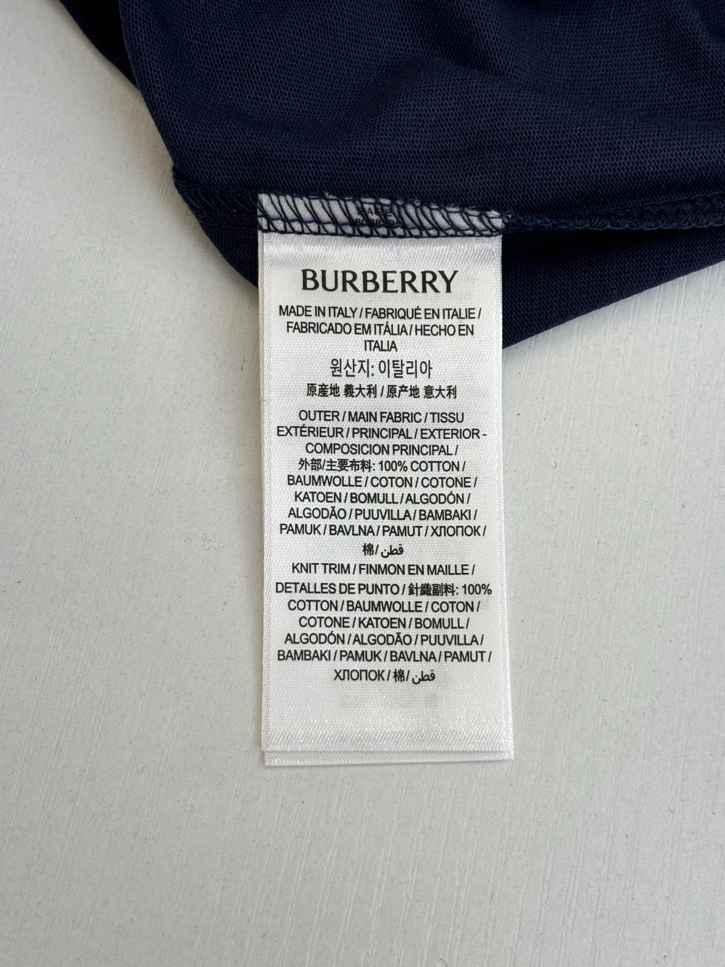 Interior neck label on dark blue Burberry short-sleeve T-shirt