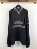 Balenciaga long-sleeve sweatshirt with ribbed V-neck and large logo graphic, dark gray