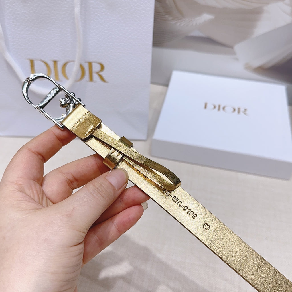 Dior belt with gold strap and silver buckle; clasp ring and star charm visible.