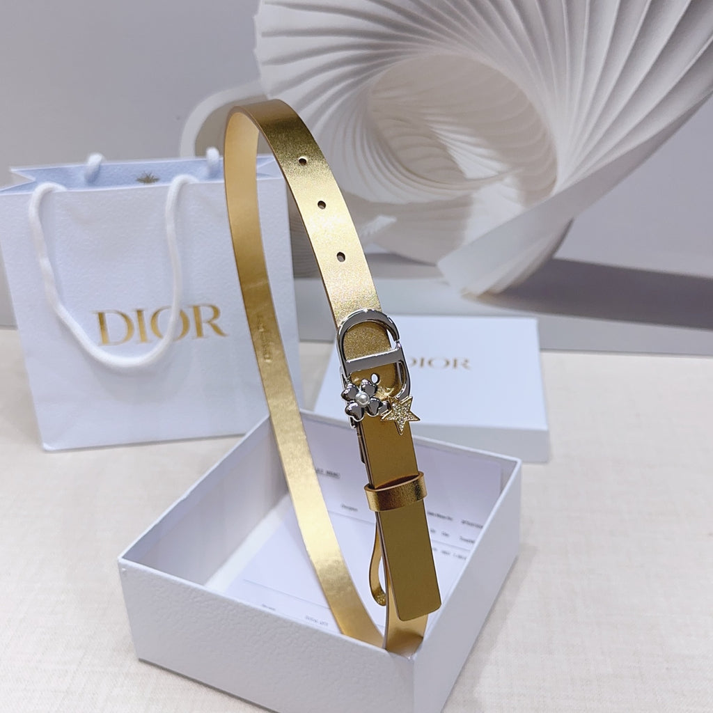 Dior belt in gold leather-look with silver buckle and star charm, shown front side.