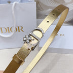 Dior belt with gold strap, visible hole rows, and silver buckle with star and floral charm.