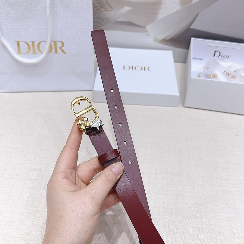 Dior burgundy belt with gold buckle and star charm, with perforated strap holes