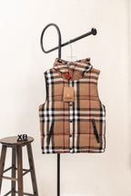 Hooded plaid puffer vest, front view, with brown, black, white, and red check pattern