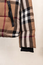 Burberry plaid puffer jacket sleeve with black zipper and elastic cuff