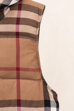 Burberry long plaid puffer jacket with brown quilted panels and vertical check stripes