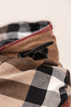 Burberry plaid hood edge with black drawcord and beige lining