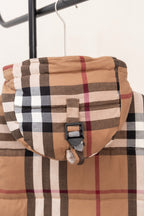 Burberry plaid puffer jacket hood with adjustable strap and buckle
