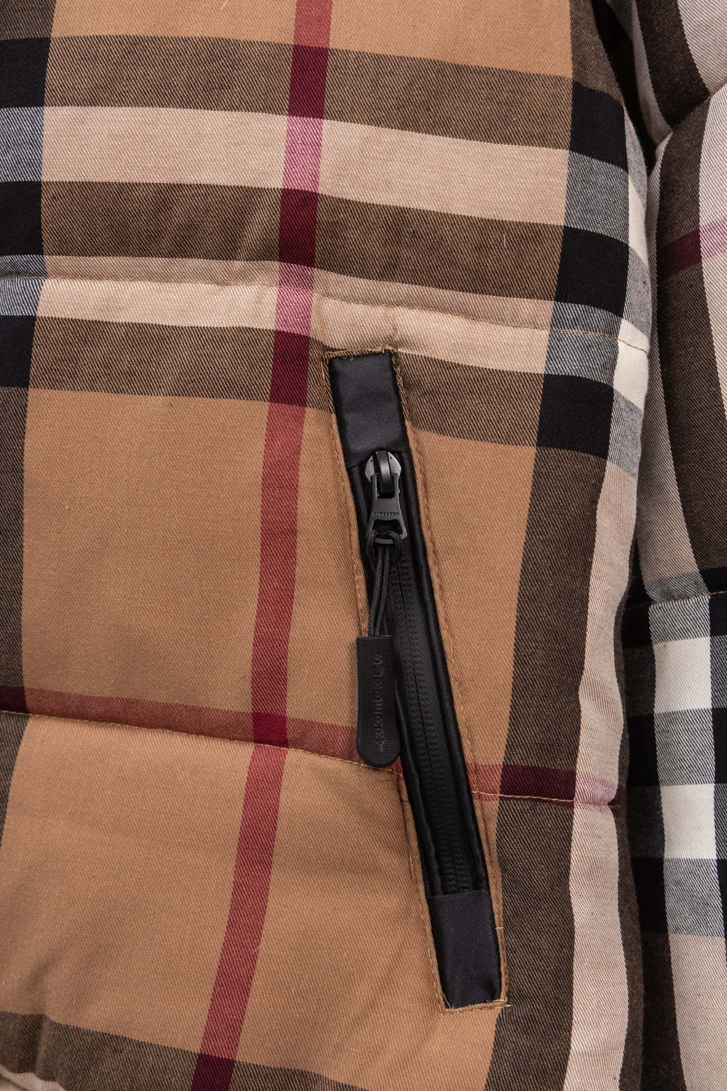 Burberry long plaid puffer jacket with front zip pocket and striped quilted body