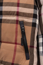 Burberry long plaid puffer jacket with front zip pocket and striped quilted body
