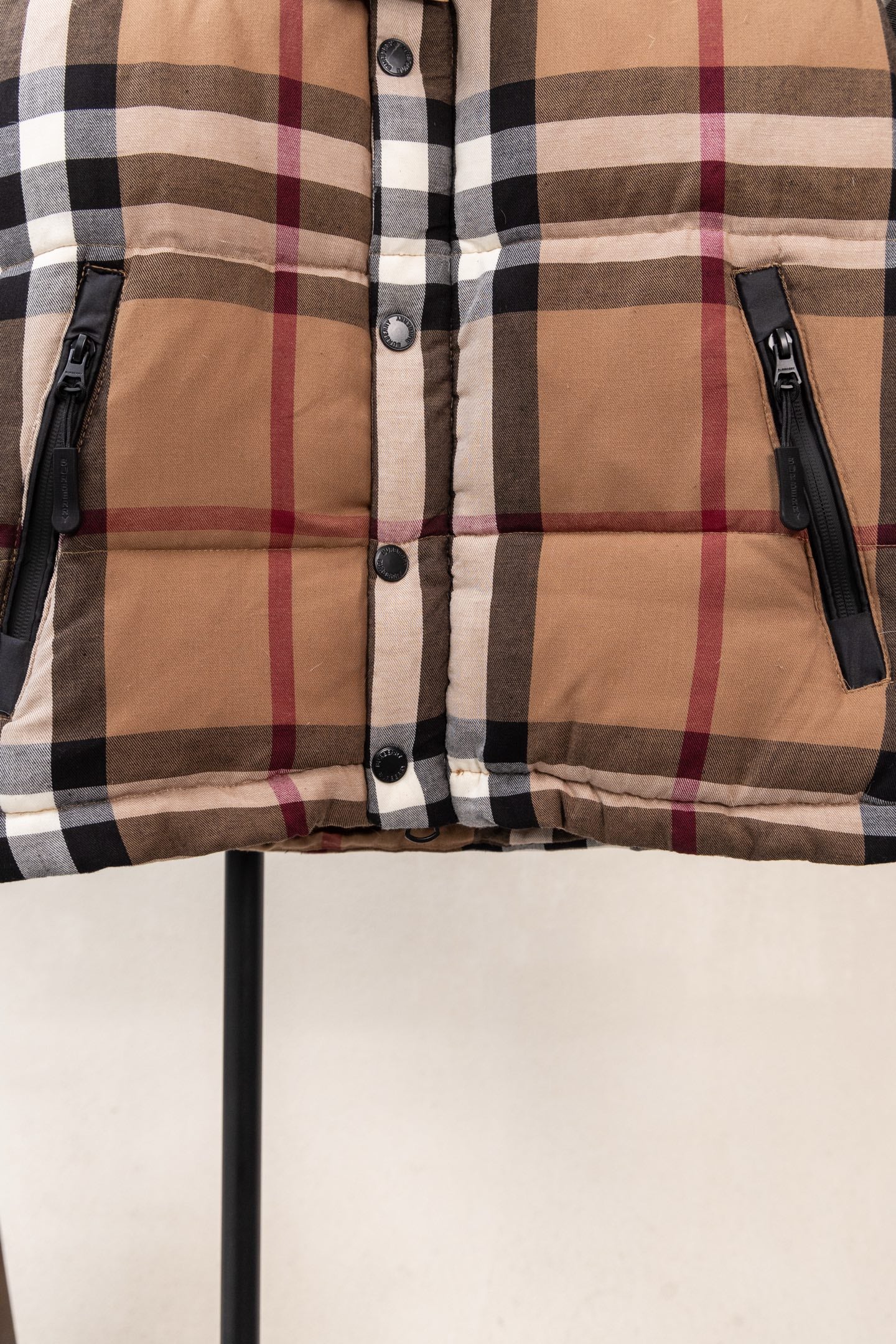 Burberry plaid puffer jacket chest with snaps and two side zippers