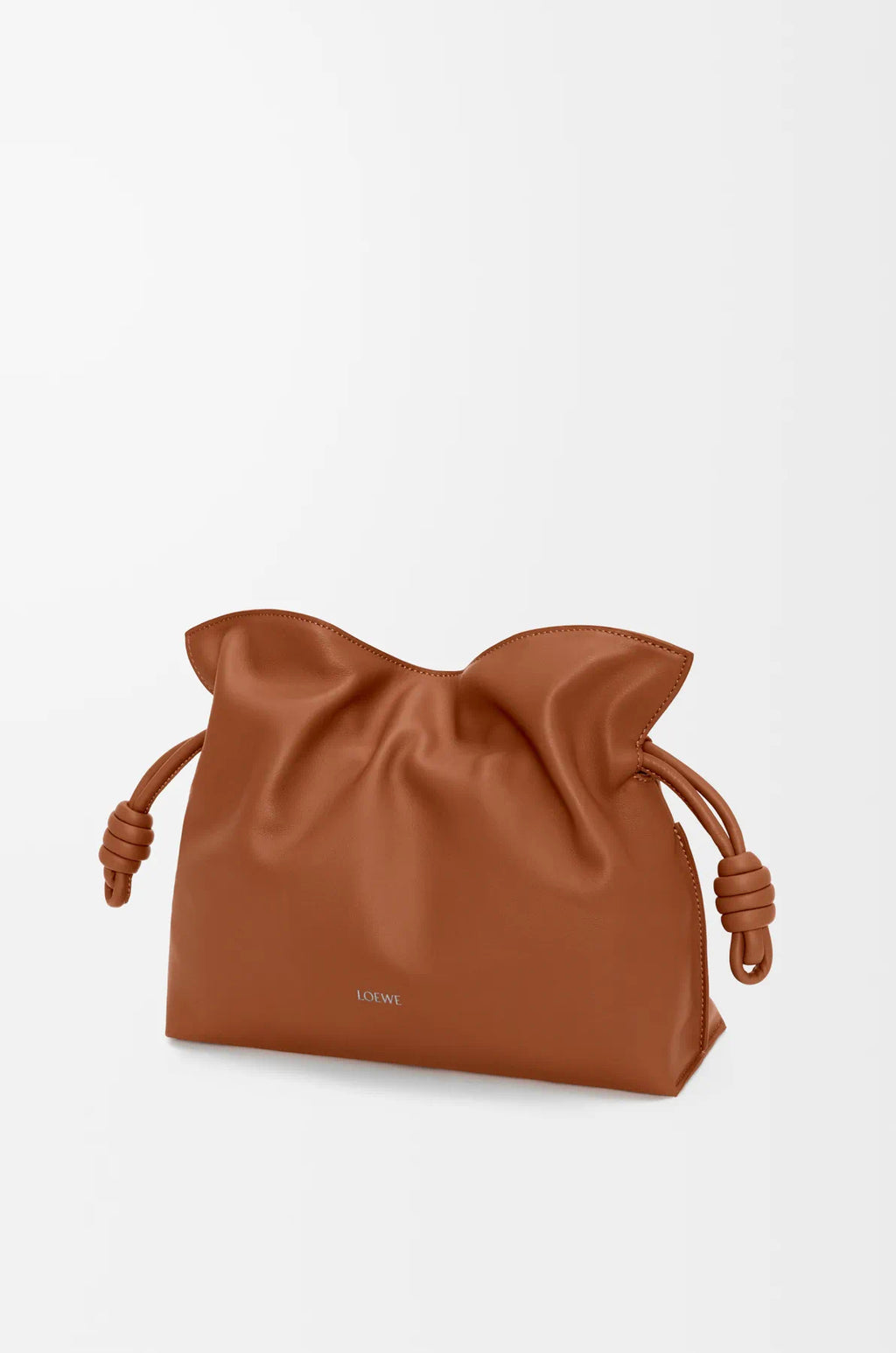 Loewe tan leather drawstring pouch bag with braided cord ties and front logo