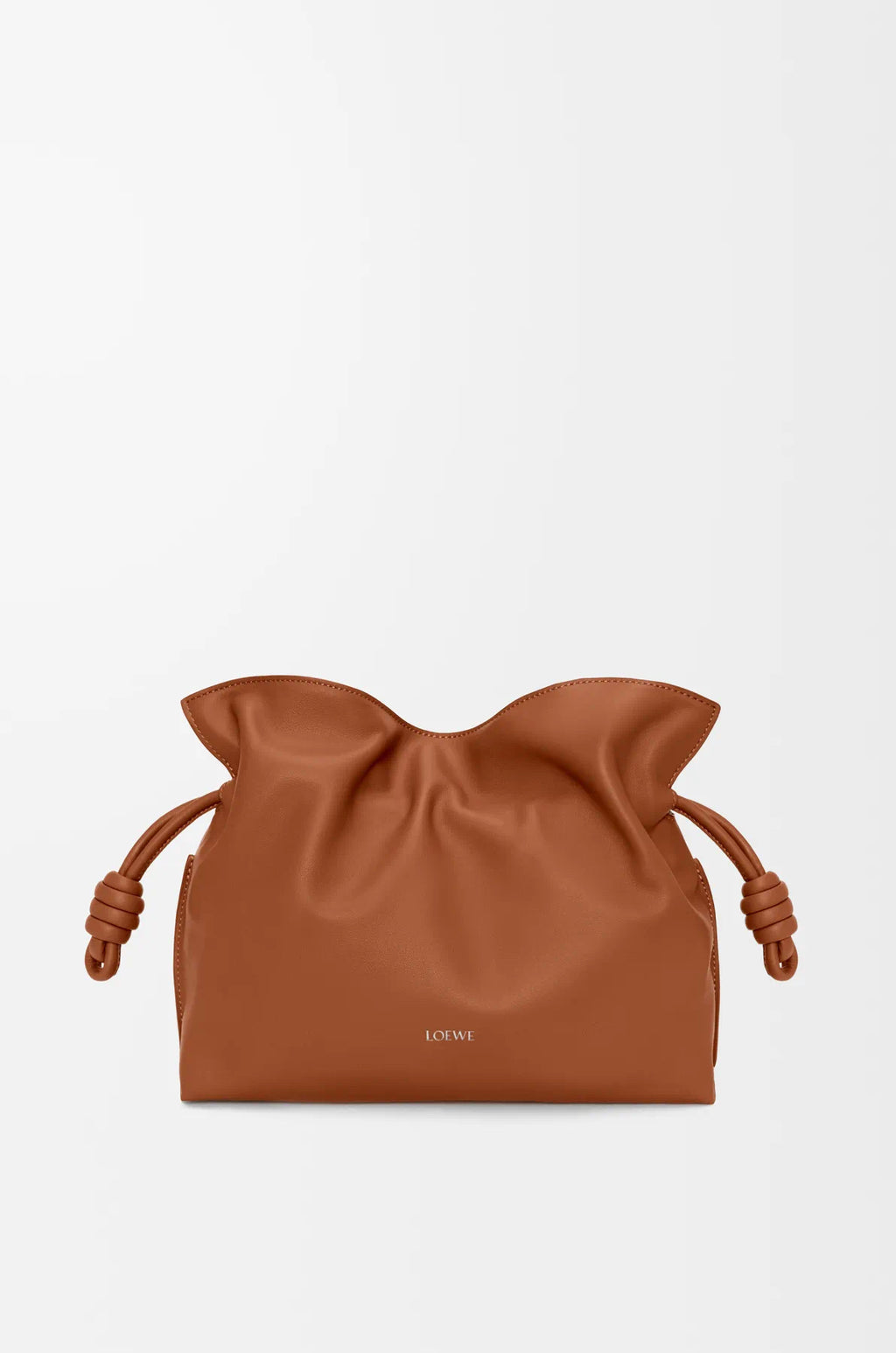 Loewe tan leather drawstring pouch bag with braided cord pulls and front logo