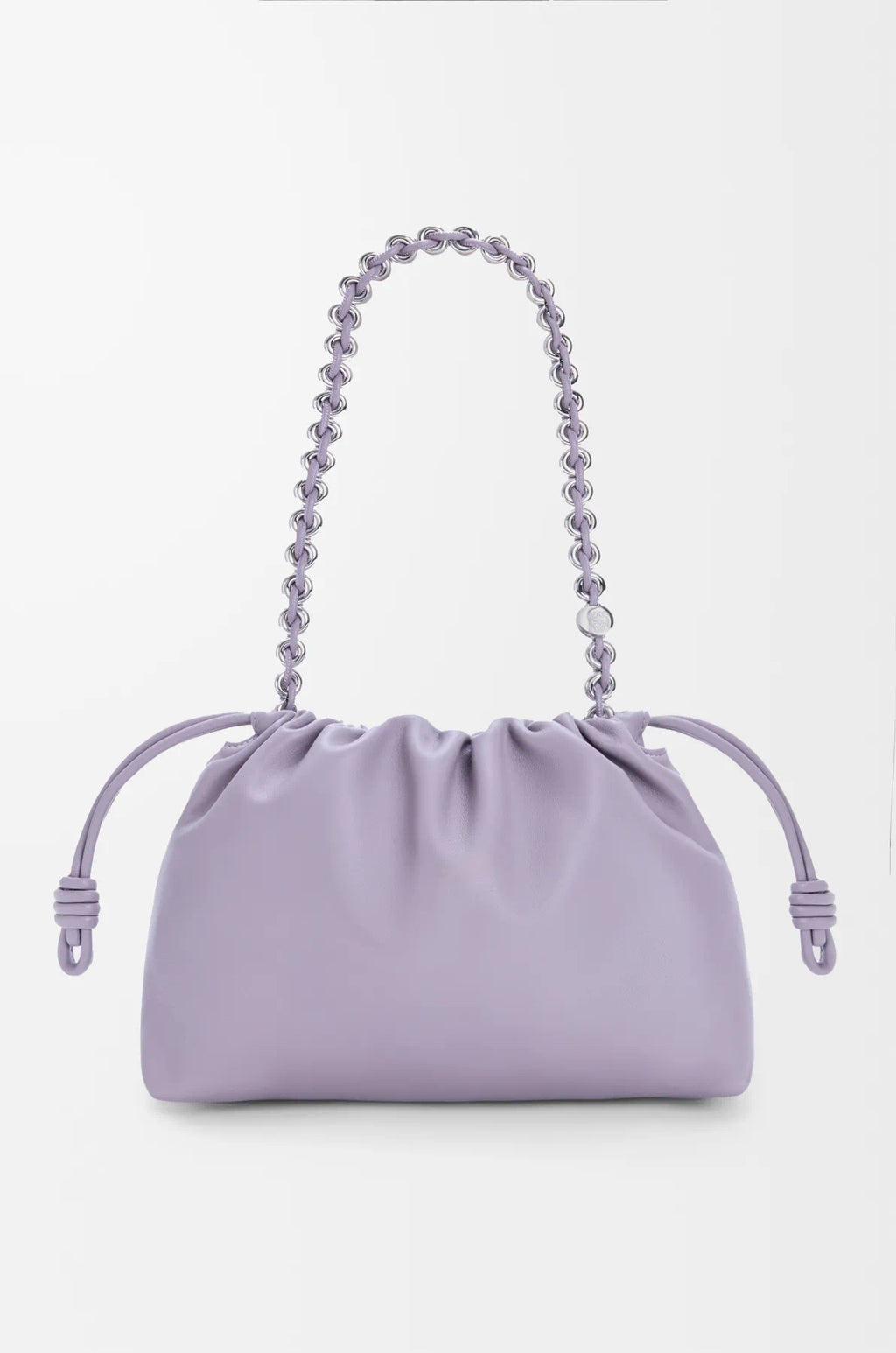 Lavender drawstring pouch bag with silver chain handles and ruched front