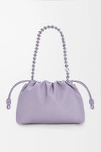 Lavender drawstring pouch bag with silver chain handles and ruched front