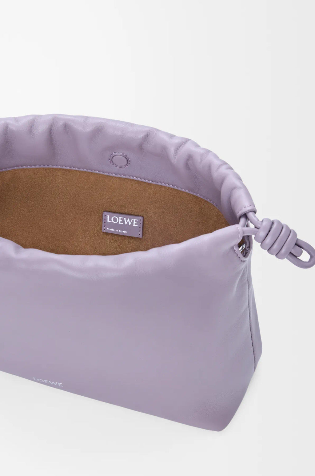 Lavender drawstring pouch bag interior view with LOEWE label and tie cord