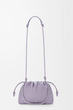 Lavender pouch bag with long cord handles and silver chain strap detail