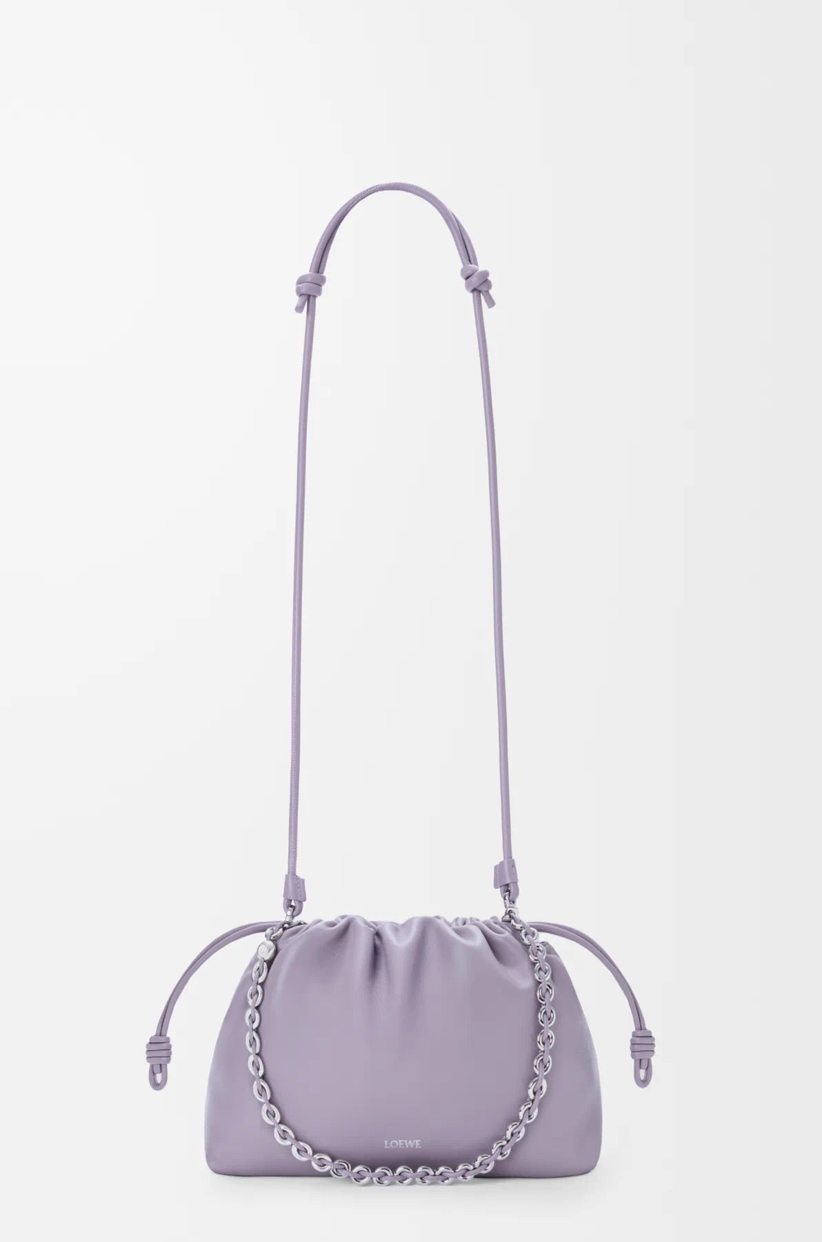 Lavender pouch bag with long cord handles and silver chain strap detail