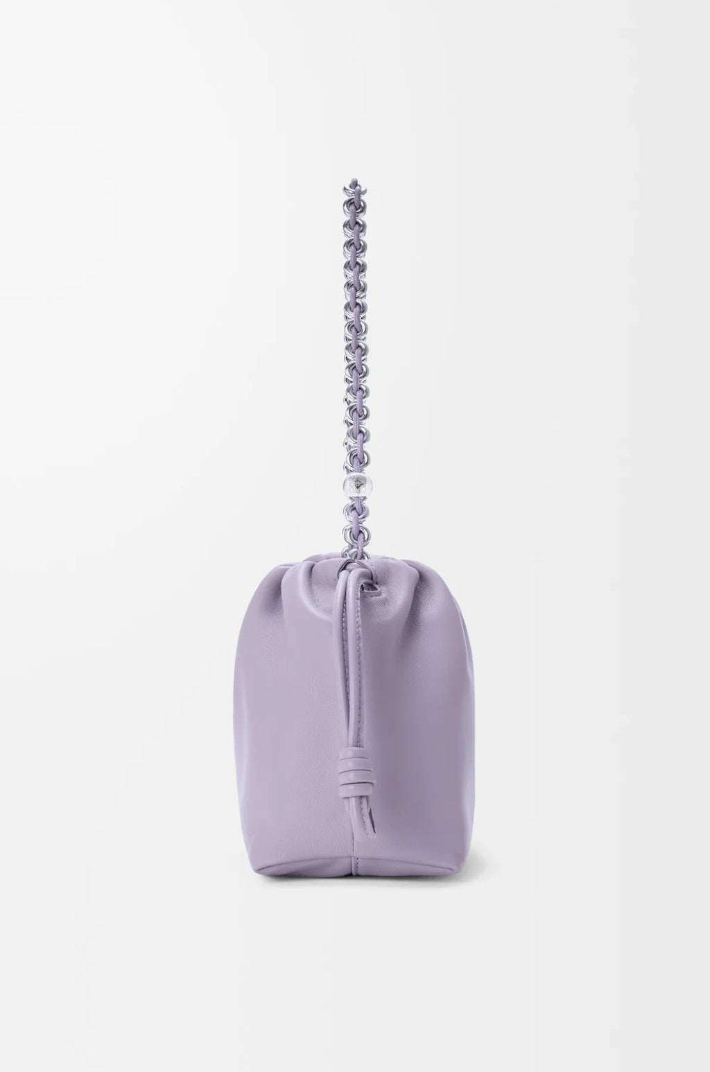 Lavender drawstring pouch bag with silver chain and gathered top