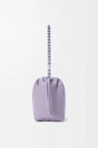 Lavender drawstring pouch bag with silver chain and gathered top
