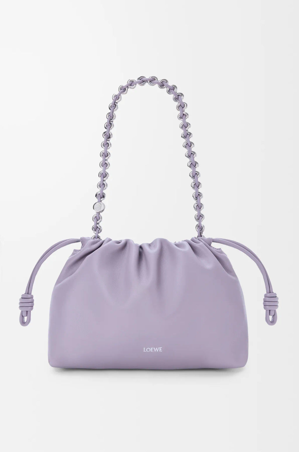 Lavender drawstring pouch bag with silver chain handles and tie cords