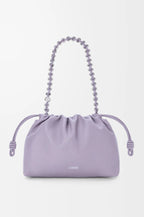 Lavender drawstring pouch bag with silver chain handles and tie cords