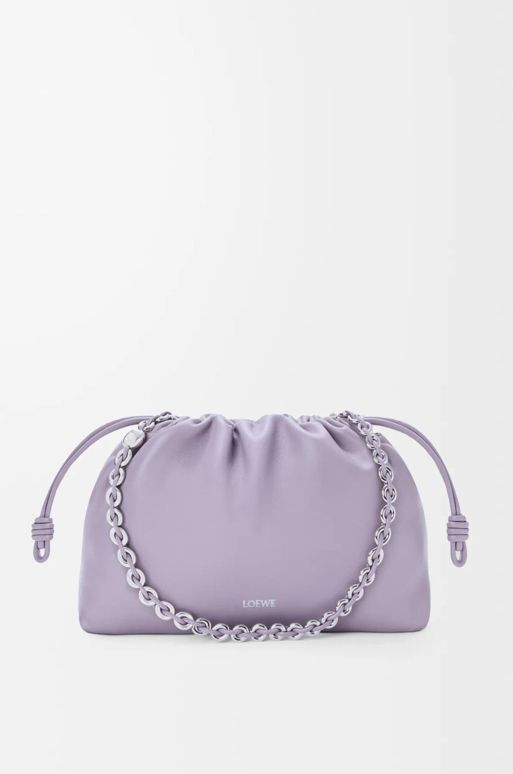 Lilac drawstring pouch bag with silver chain strap and gathered tie-top