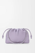 Lilac drawstring pouch bag with silver chain strap and gathered tie-top