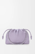 Lilac drawstring pouch bag with silver chain strap and gathered tie-top