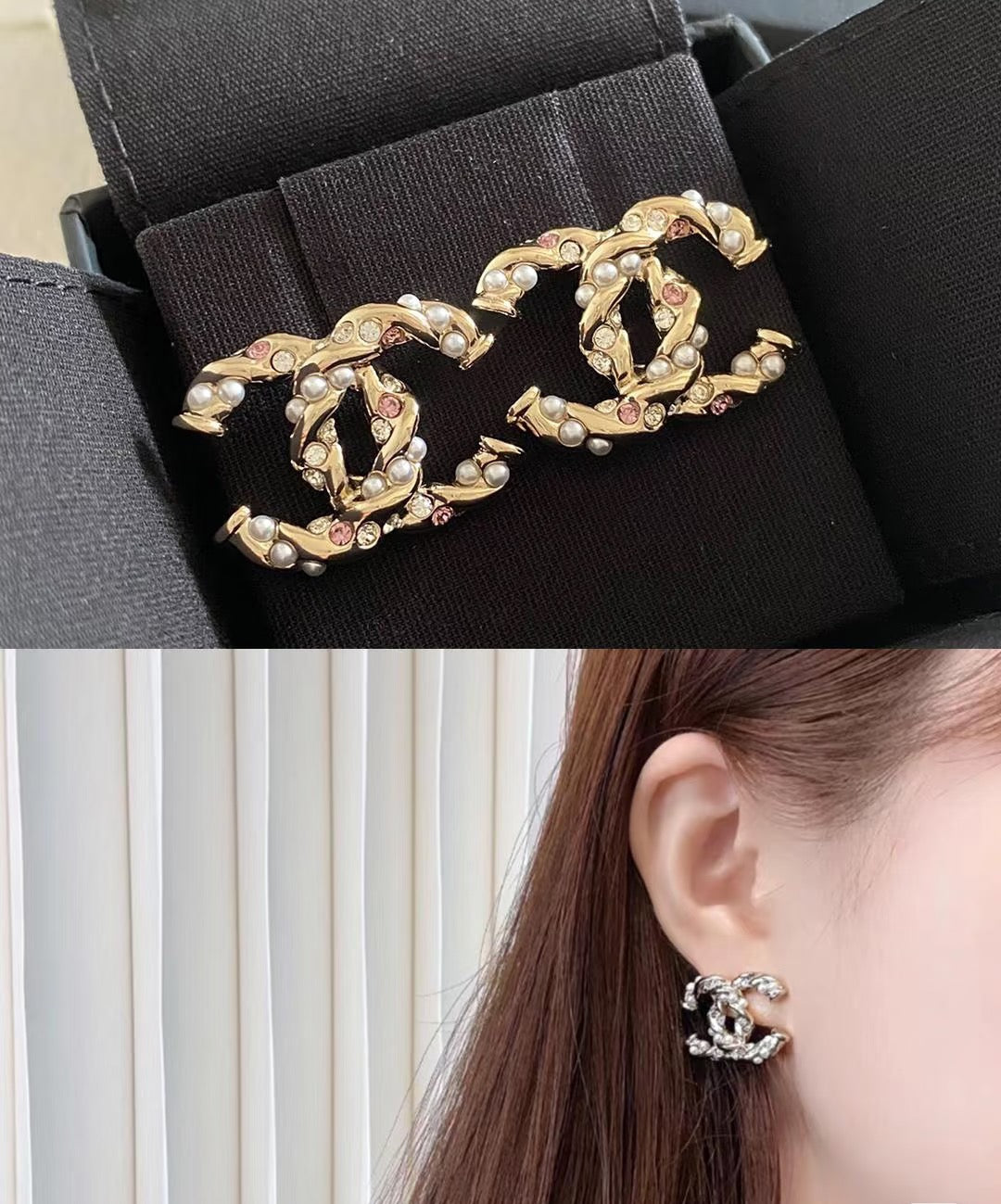 Gold-tone logo earrings with pink stones and faux pearls, worn on ear