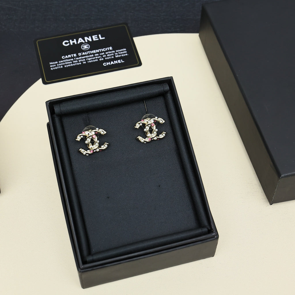 Gold-tone logo stud earrings with pink stones and faux pearls, boxed set