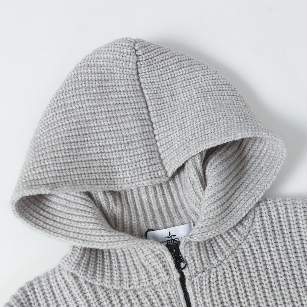 Light gray ribbed knit hoodie with hood, showing partial front zipper