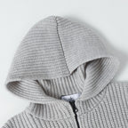 Light gray ribbed knit hoodie with hood, showing partial front zipper