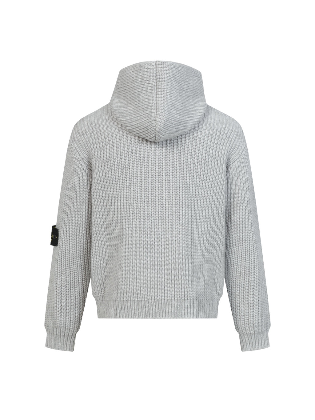 Light gray knit zip-up hoodie with hood, ribbed hem and sleeves