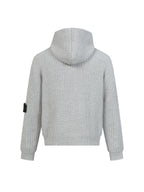 Light gray knit zip-up hoodie with hood, ribbed hem and sleeves