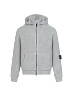 Light gray knit zip-up hoodie with hood and front pockets, ribbed cuffs and hem