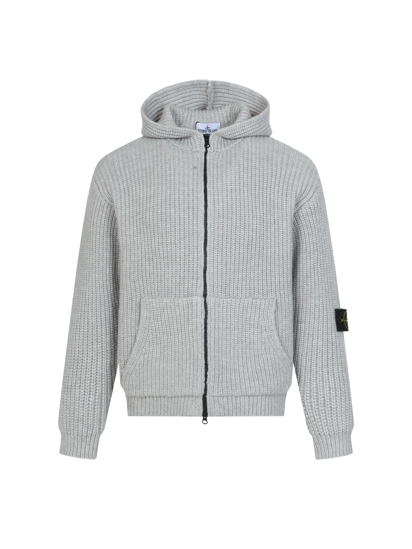 Light gray knit zip-up hoodie with hood and front pockets, ribbed cuffs and hem