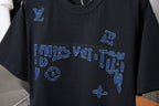 Louis Vuitton black T-shirt with blue LV logo and icon graphic across chest